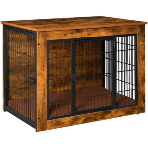 Furmax Wooden Indoor Dog Crate Furniture Double Doors Dog Crate with Thick Cushion,Brown